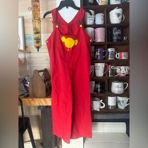 Handmade vintage Red Overalls with Yellow Chick Embroidery